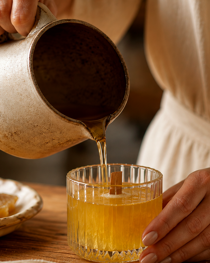 Handcrafted coco-soy wax being poured from a ceramic pitcher into a crystal glass candle vessel with wooden wick