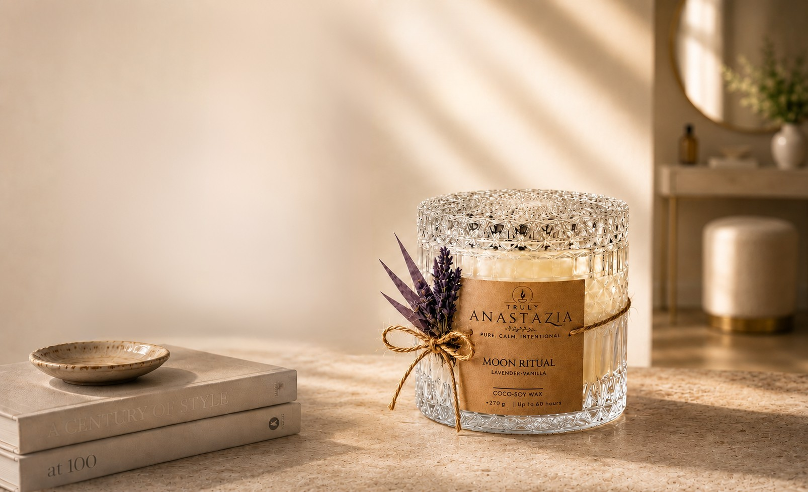 Truly Anastazia Moon Ritual candle in crystal cut-glass vessel with lavender sprig, set in a warm sunlit interior